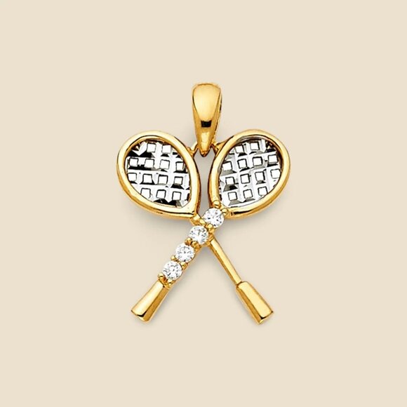 14K Solid Gold Tennis Racquet Pendant 1.4g Two-Tone - Picture 1 of 5